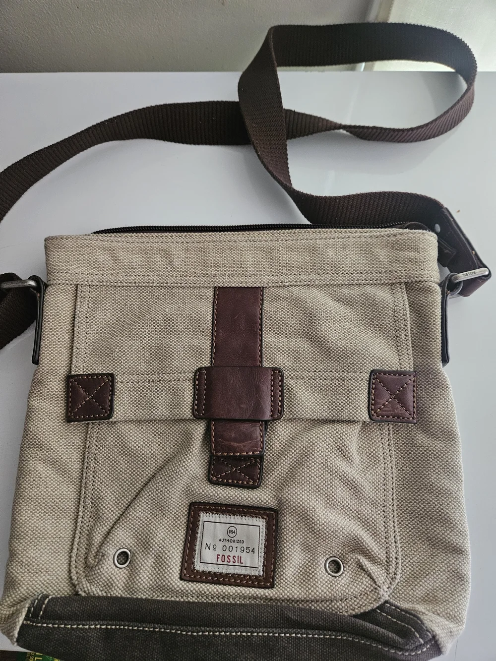 Fossil Men's Canvas Crossbody Bag in Beige with Brown Trim